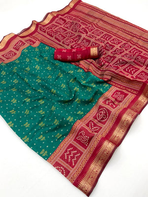 Elegant Rama Green Viscose Saree with Bandhani Print and Jacquard Border - Image 2
