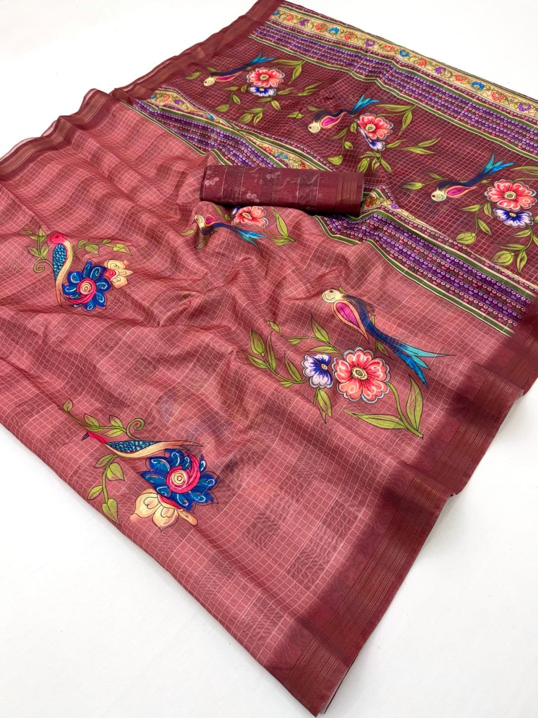 Elegant Dark Peach Pure Cotton Saree with Digital Print and Zari Border - Image 2