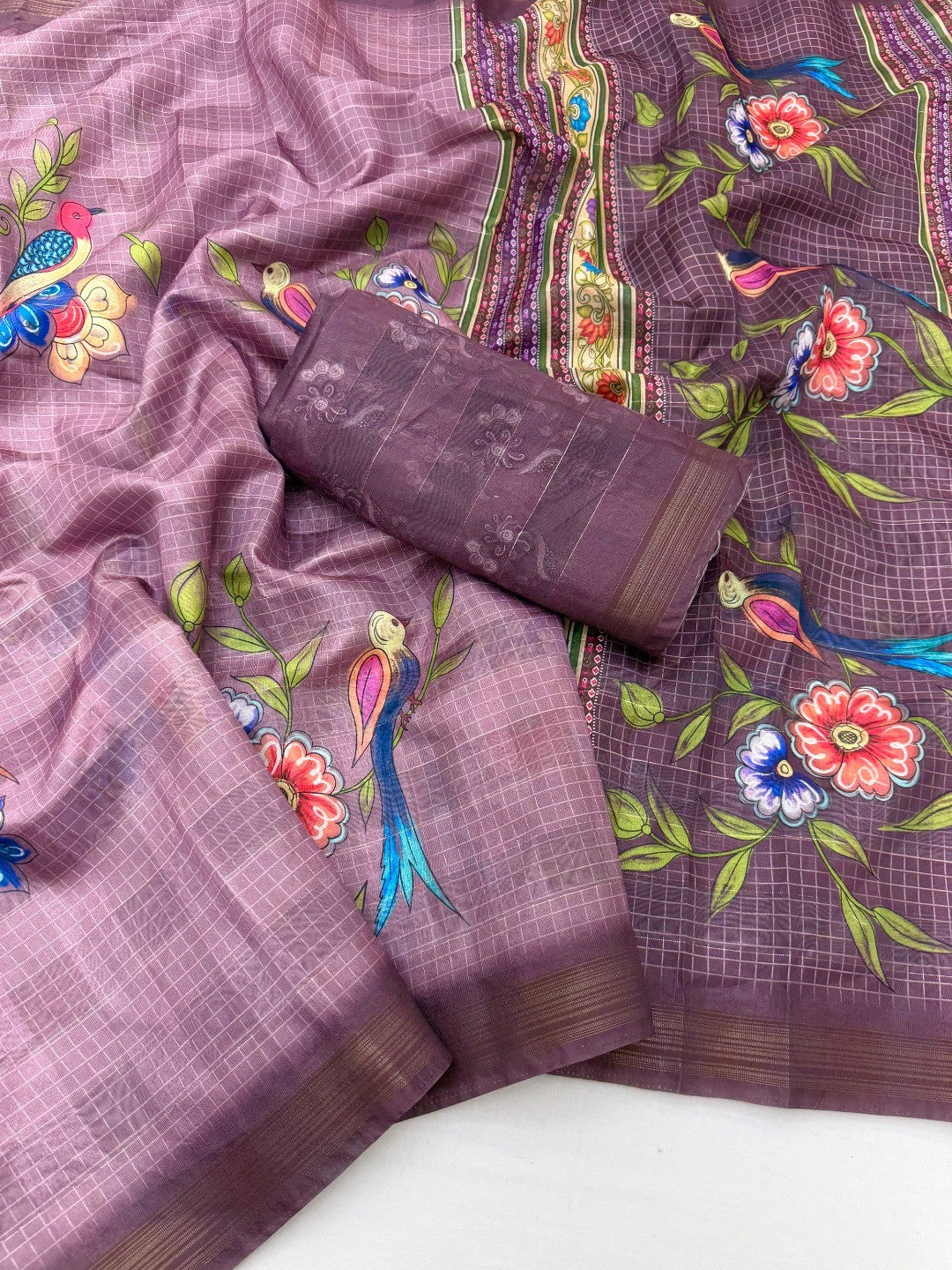 Elegant Mauve Pure Cotton Saree with Digital Print and Zari Border - Image 2