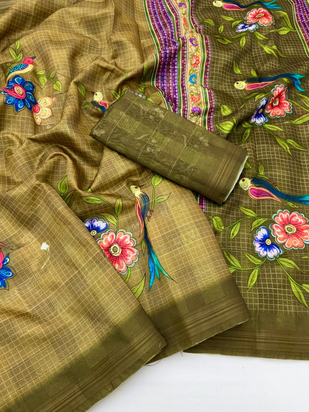 Olive Pure Cotton Saree with Digital Print and Zari Border - Image 3