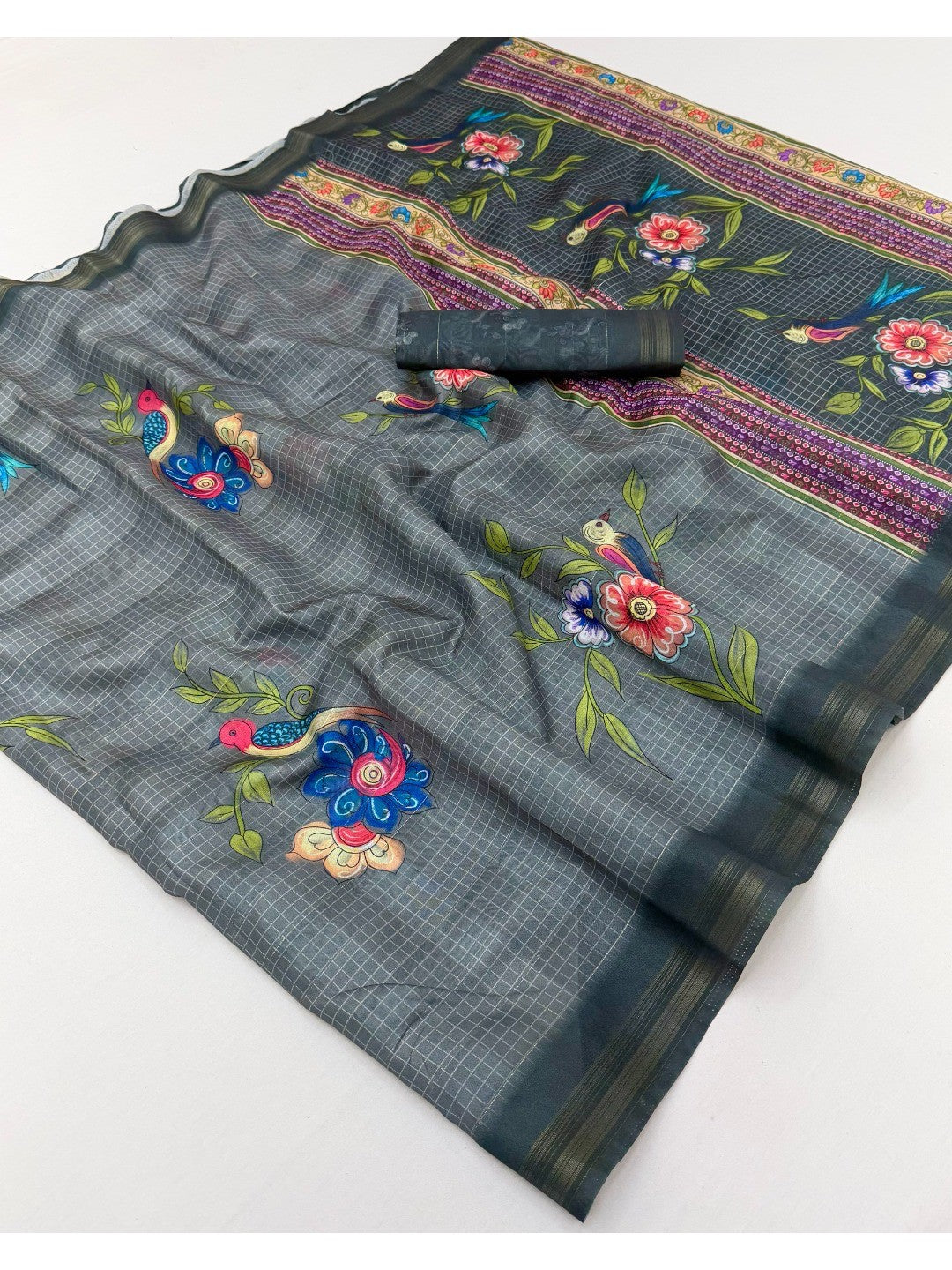 Elegant Grey Pure Cotton Saree with Digital Print and Zari Border - Image 2