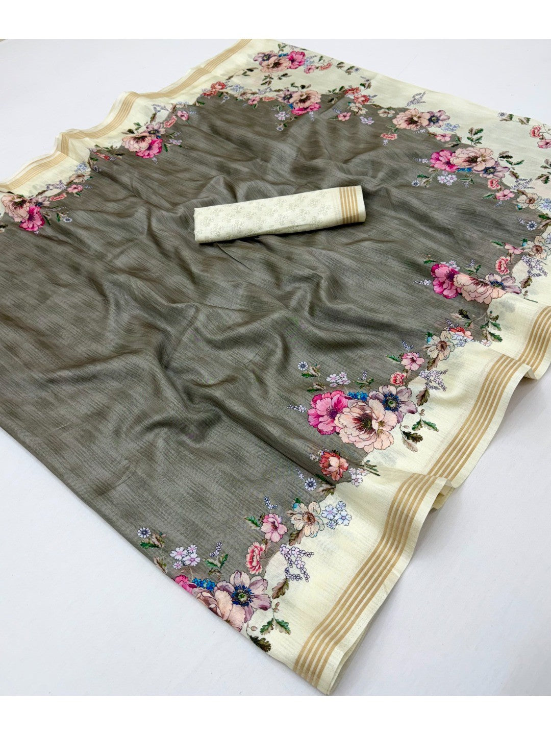 Grey Dola Silk Saree with Elegant Floral Digital Print - Image 2