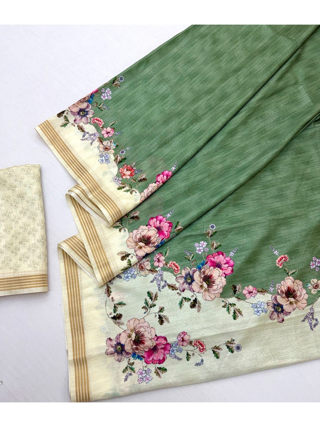 Elegant Green Dola Silk Saree with Floral Digital Print - Image 3