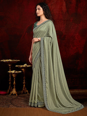Stylish Green Vichitra Silk Saree Highlighted With Foil Print & Elegant Embroidered Border - Image 2