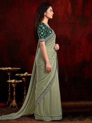 Stylish Green Vichitra Silk Saree Highlighted With Foil Print & Elegant Embroidered Border - Image 2