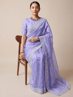 Premium Lavender Solid Twill Net Saree Accentuated With Floral Embroidered Border Detailing - Image 2