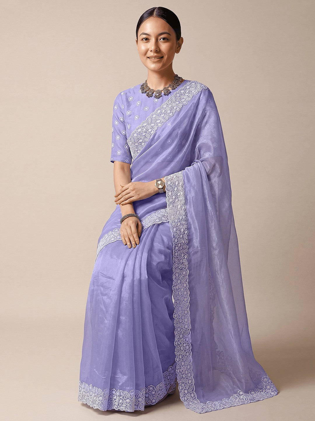 Premium Lavender Solid Twill Net Saree Accentuated With Floral Embroidered Border Detailing - Image 3