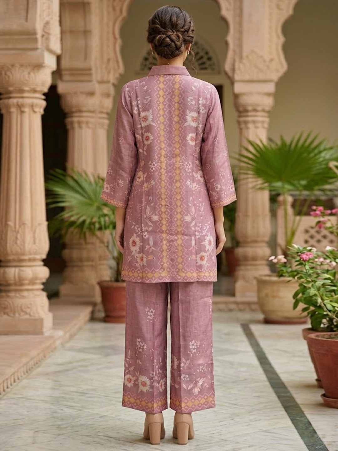 Stylish Dusty Pink Muslin Top and Palazzo Set with Floral Design Easy Fit Wear - Image 5
