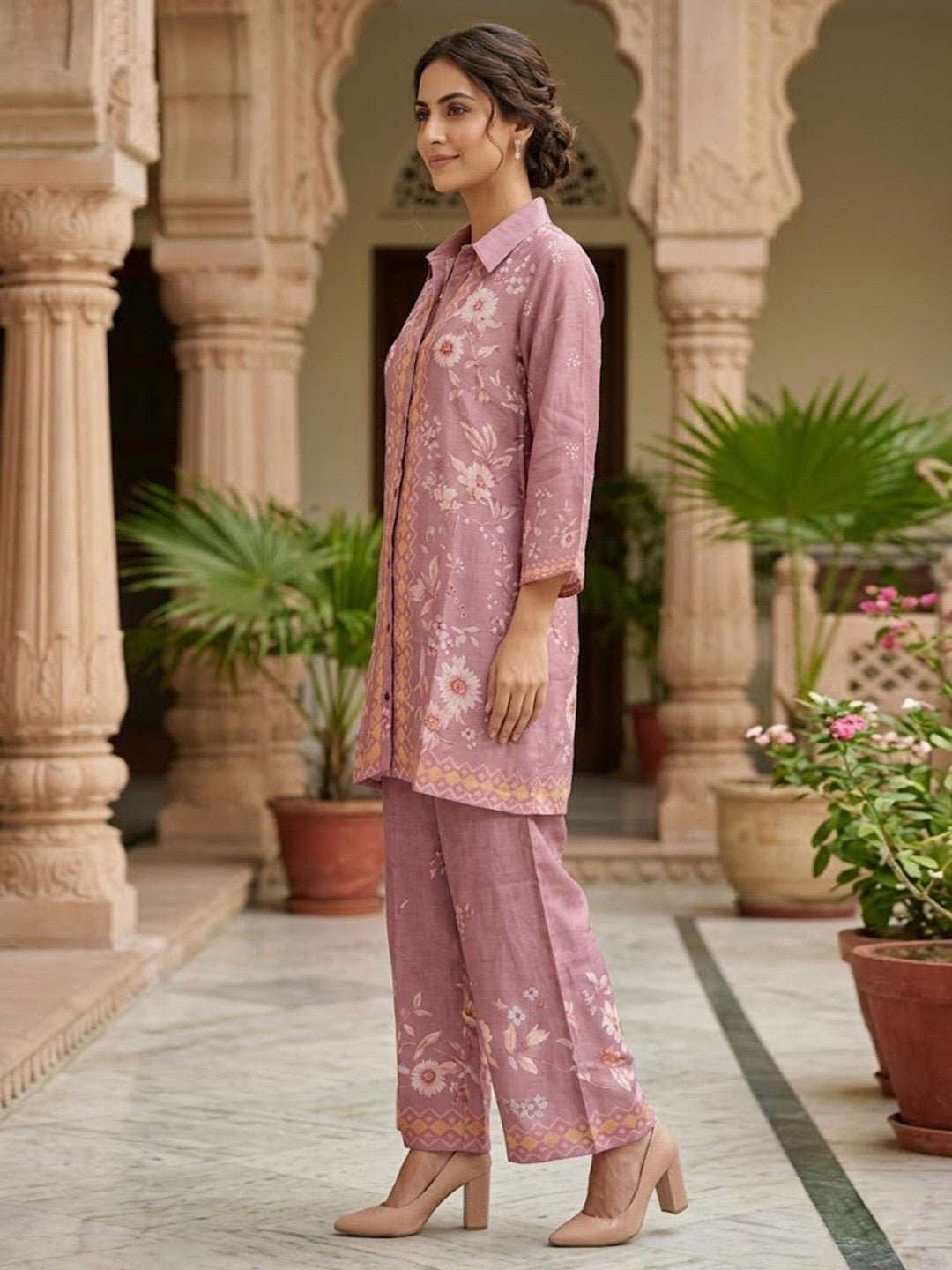 Stylish Dusty Pink Muslin Top and Palazzo Set with Floral Design Easy Fit Wear - Image 3