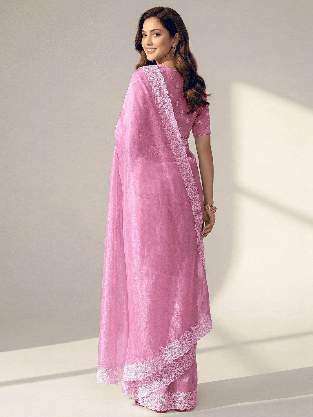 Premium Pink Solid Twill Net Saree Accentuated With Floral Embroidered Border Detailing - Image 4