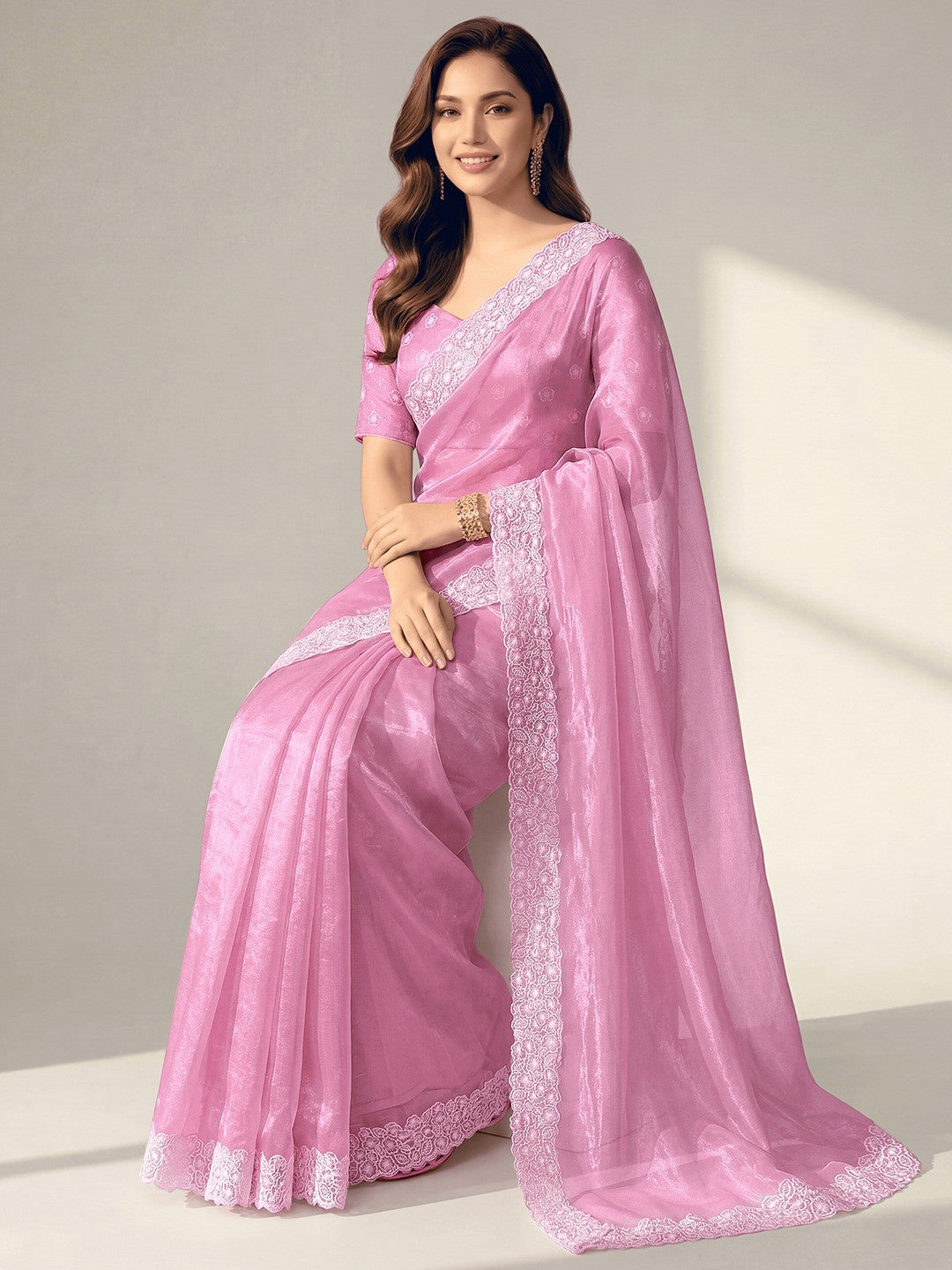 Premium Pink Solid Twill Net Saree Accentuated With Floral Embroidered Border Detailing - Image 3
