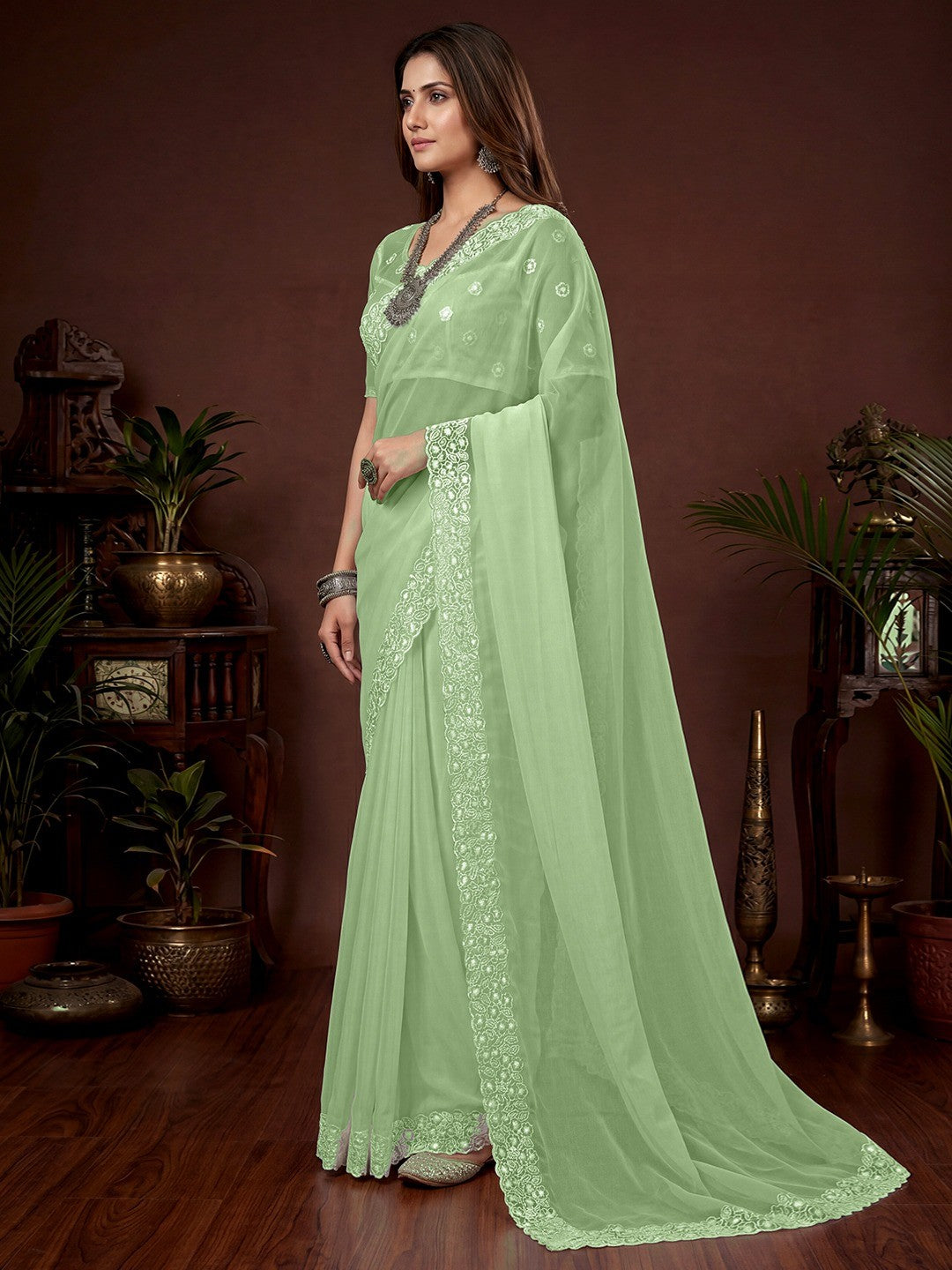 Premium Pista Green Solid Twill Net Saree Accentuated With Floral Embroidered Border Detailing - Image 2