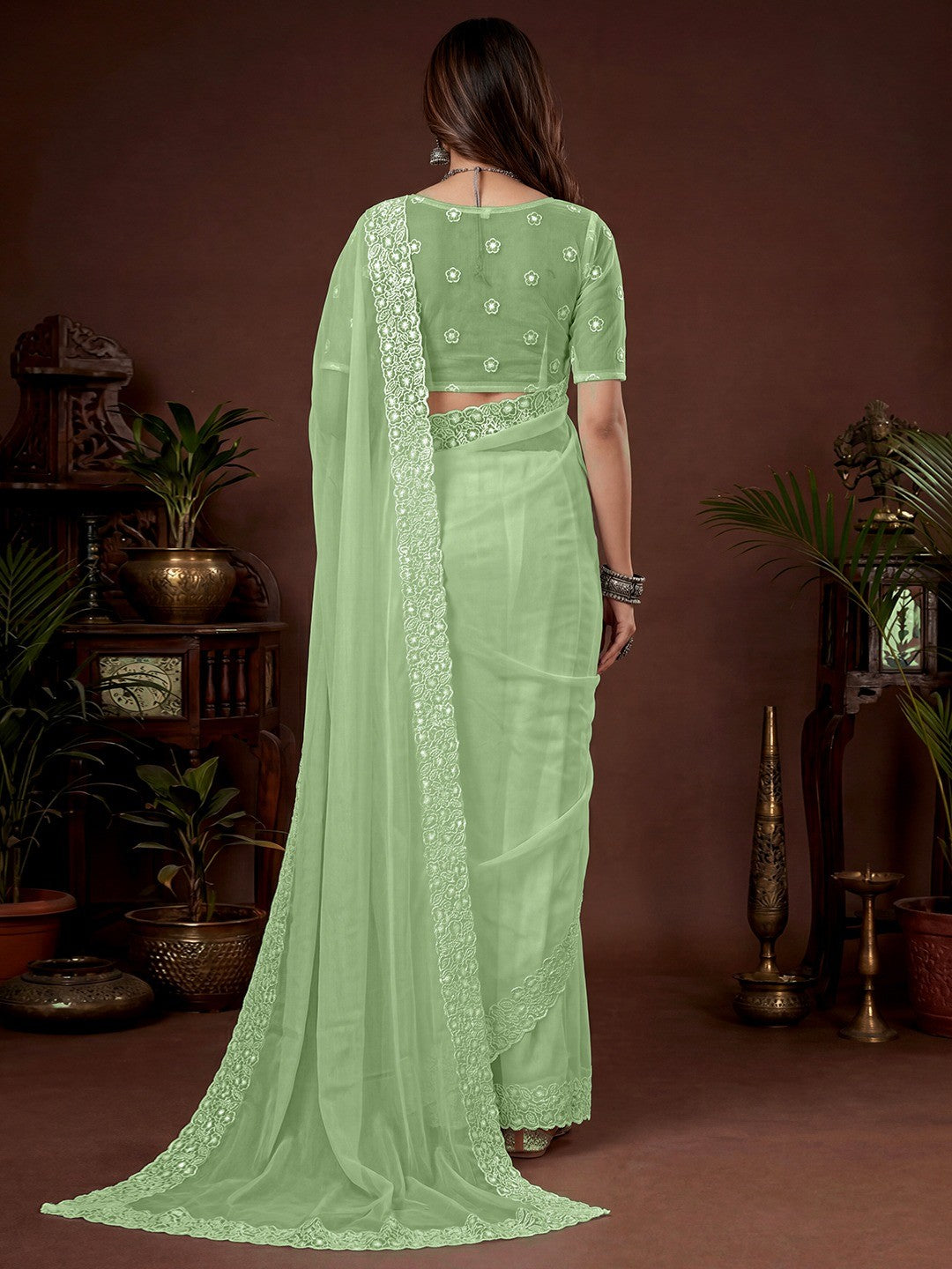 Premium Pista Green Solid Twill Net Saree Accentuated With Floral Embroidered Border Detailing - Image 3