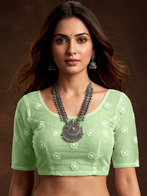 Premium Pista Green Solid Twill Net Saree Accentuated With Floral Embroidered Border Detailing - Image 2