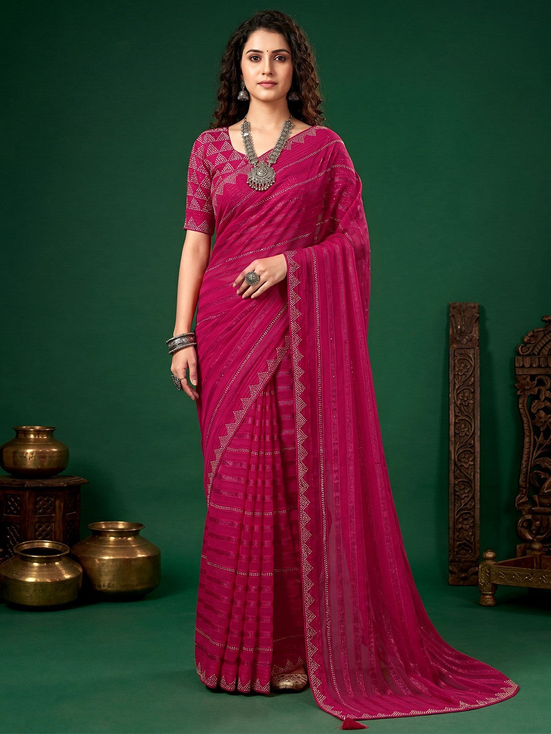 Trendy Rani Pink Chiffon Saree Embellished With Swarovski Work & Zari Stripes - Image 1