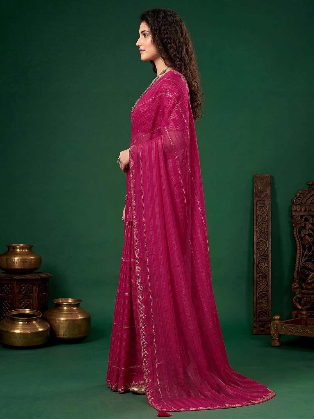 Trendy Rani Pink Chiffon Saree Embellished With Swarovski Work & Zari Stripes - Image 2
