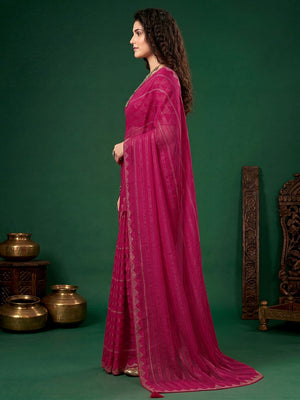 Trendy Rani Pink Chiffon Saree Embellished With Swarovski Work & Zari Stripes - Image 2