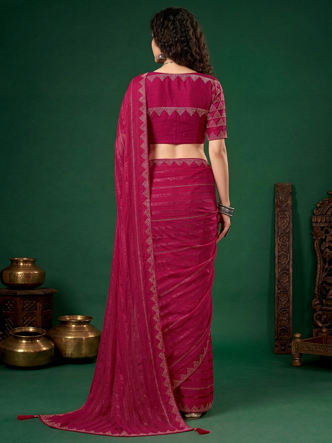 Trendy Rani Pink Chiffon Saree Embellished With Swarovski Work & Zari Stripes - Image 3