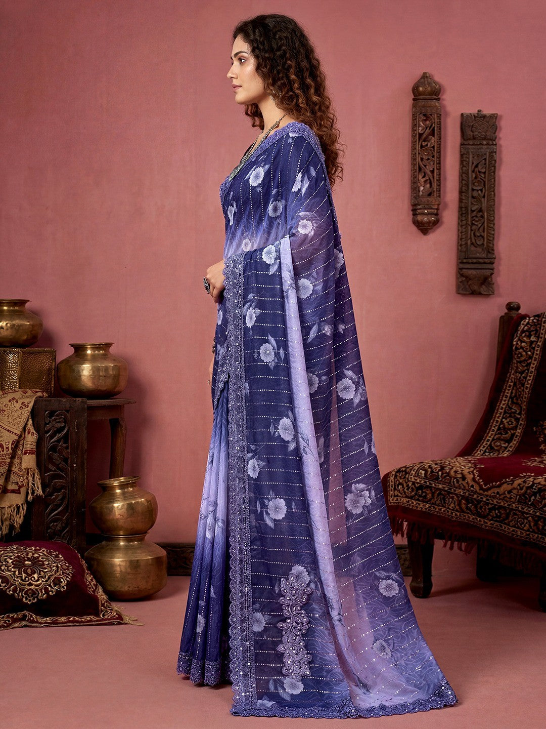 Sophisticated Navy Blue Floral Printed Lycra Saree With Ornate Embroidered Lace Border - Image 2