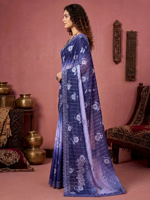 Sophisticated Navy Blue Floral Printed Lycra Saree With Ornate Embroidered Lace Border - Image 2