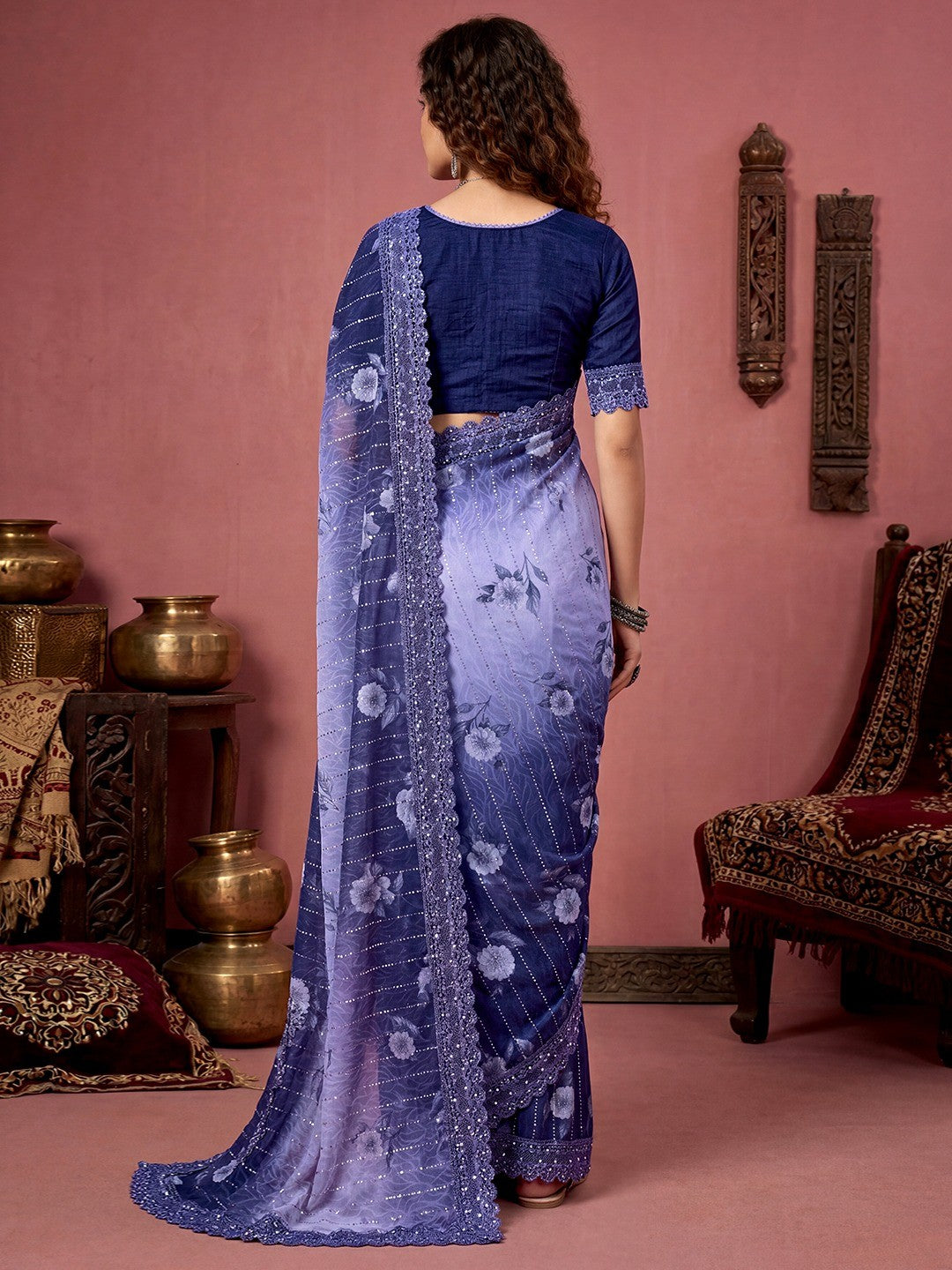 Sophisticated Navy Blue Floral Printed Lycra Saree With Ornate Embroidered Lace Border - Image 3