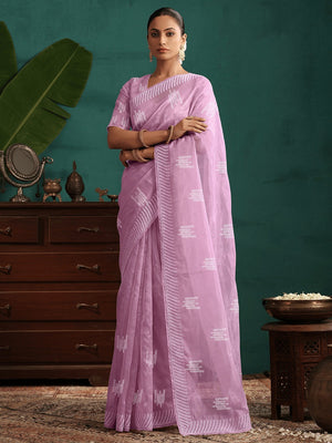 Charming Light Lavender Twill Net Saree Showcasing Detailed Thread Embroidered Work - Image 2