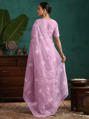 Charming Light Lavender Twill Net Saree Showcasing Detailed Thread Embroidered Work - Image 2