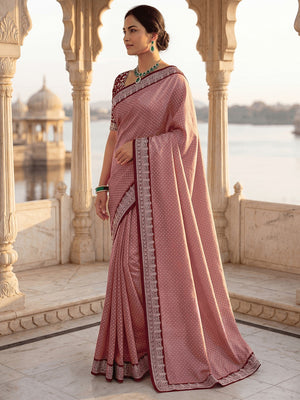 Stylish Dusty Peach Vichitra Silk Saree Highlighted With Foil Print & Elegant Embroidered Border - Image 2
