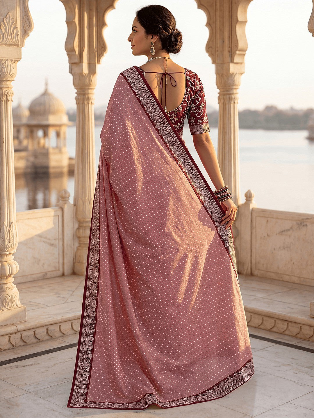 Stylish Dusty Peach Vichitra Silk Saree Highlighted With Foil Print & Elegant Embroidered Border - Image 4