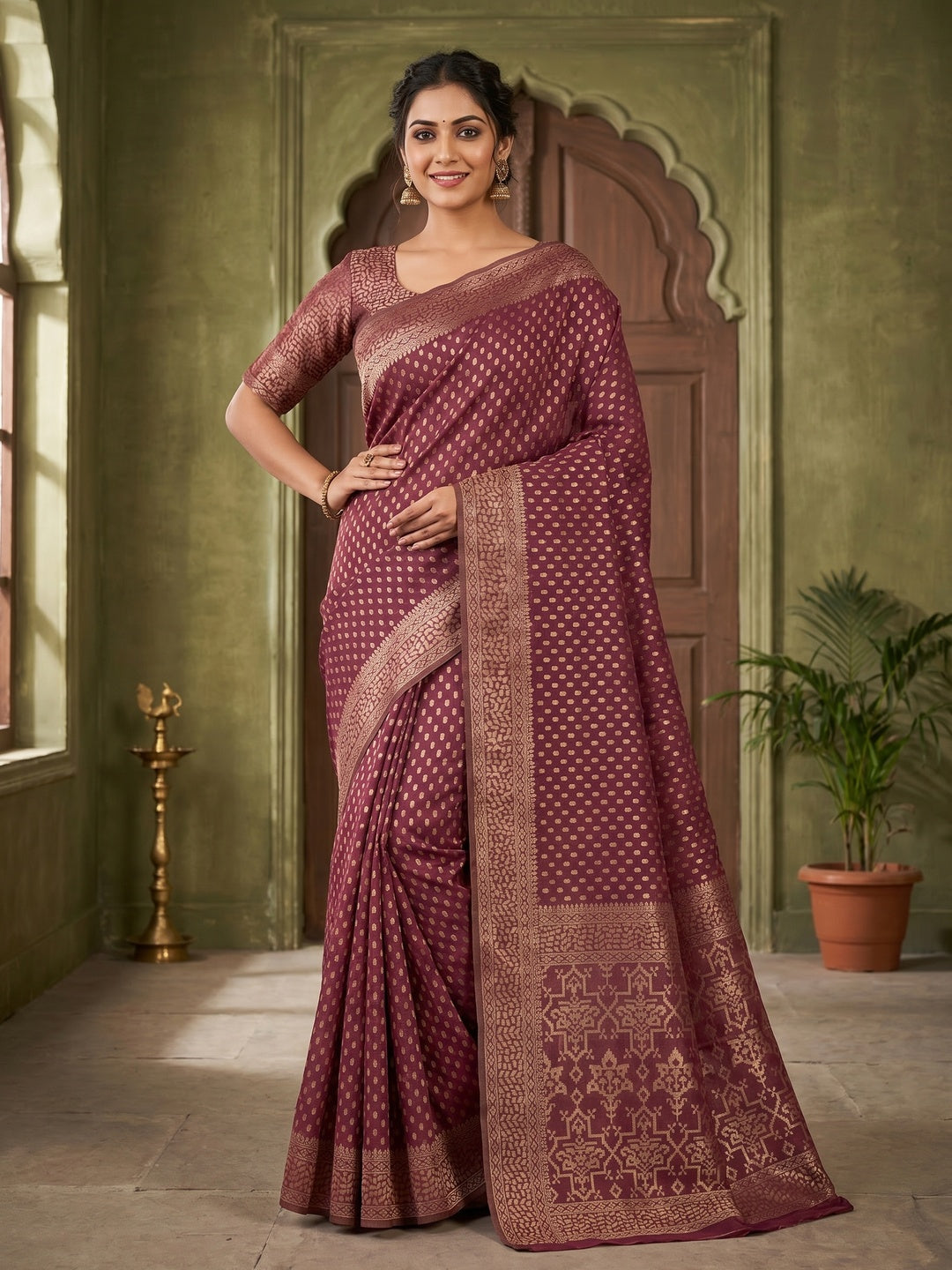 Rich Wine Cotton Silk Saree with Zari Weaving Refined Ethnic Wear - Image 1