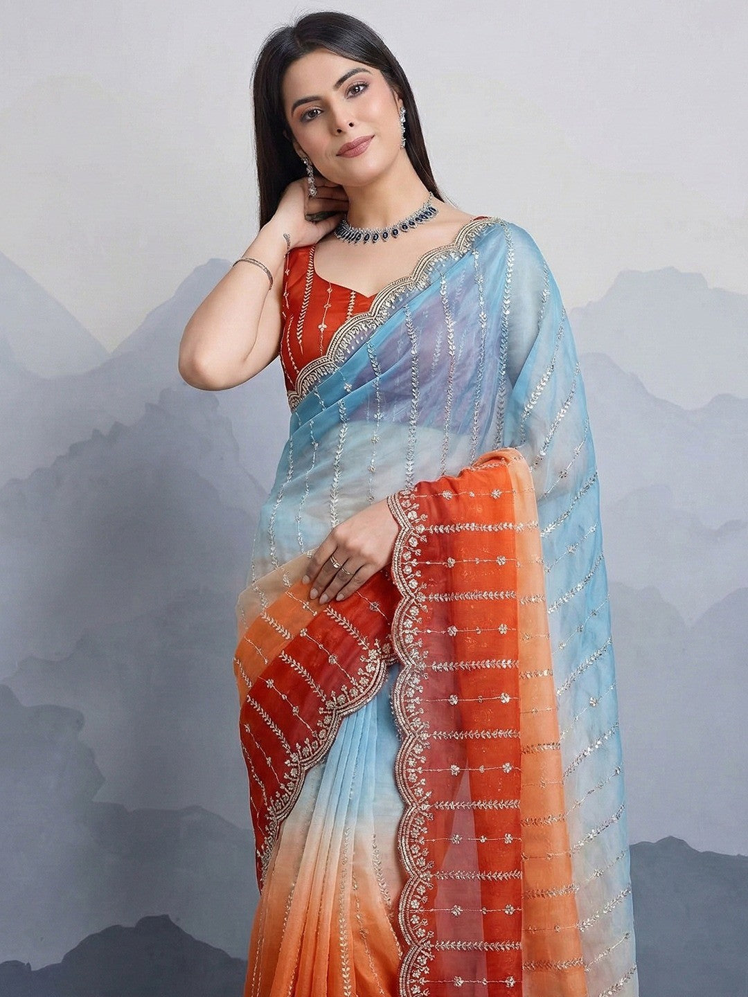 Stunning Blue & Orange Ombre Organza Satin Silk Saree With Sequins Embroidery & Scalloped Border - Image 5