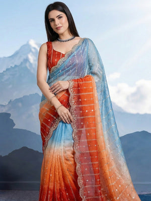 Stunning Blue & Orange Ombre Organza Satin Silk Saree With Sequins Embroidery & Scalloped Border - Image 2