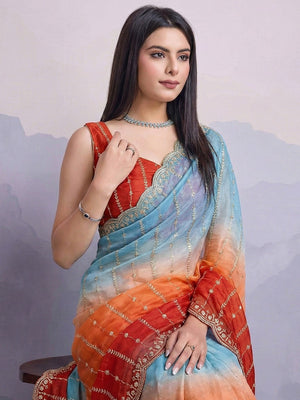 Stunning Blue & Orange Ombre Organza Satin Silk Saree With Sequins Embroidery & Scalloped Border - Image 2