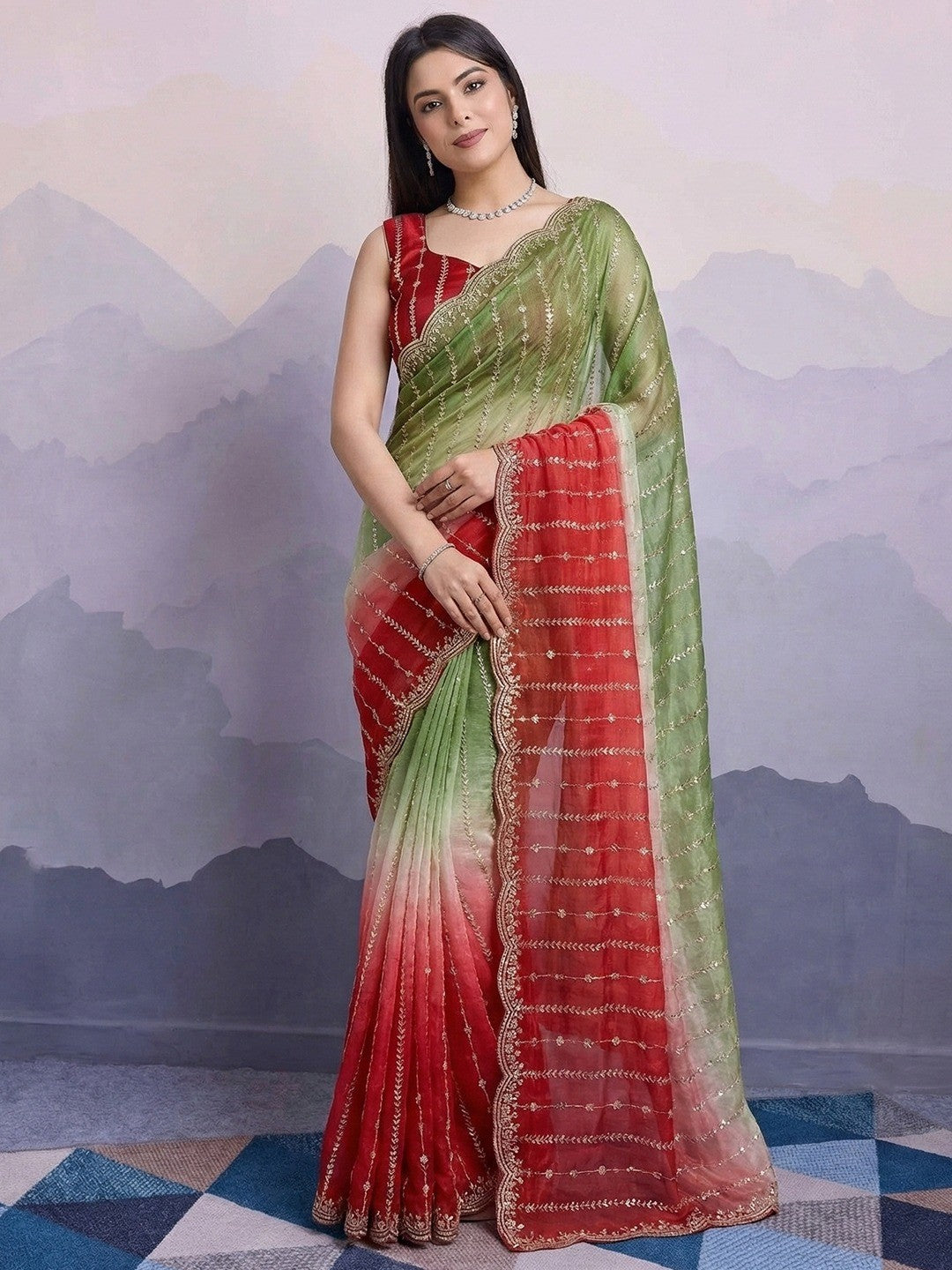 Stunning Green & Red Ombre Organza Satin Silk Saree With Sequins Embroidery & Scalloped Border - Image 1
