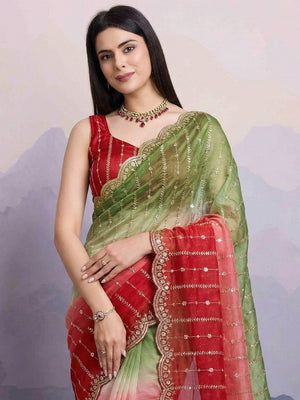 Stunning Green & Red Ombre Organza Satin Silk Saree With Sequins Embroidery & Scalloped Border - Image 2
