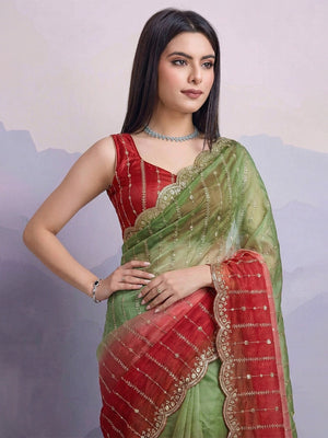 Stunning Green & Red Ombre Organza Satin Silk Saree With Sequins Embroidery & Scalloped Border - Image 2