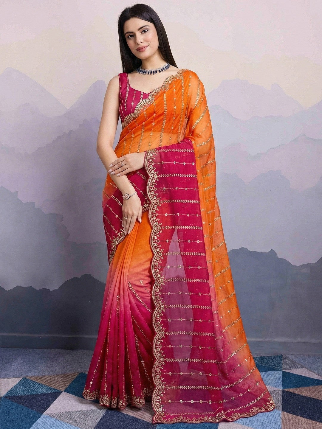 Stunning Orange & Rani Pink Ombre Organza Satin Silk Saree With Sequin Embroidery & Scalloped Border - Image 3