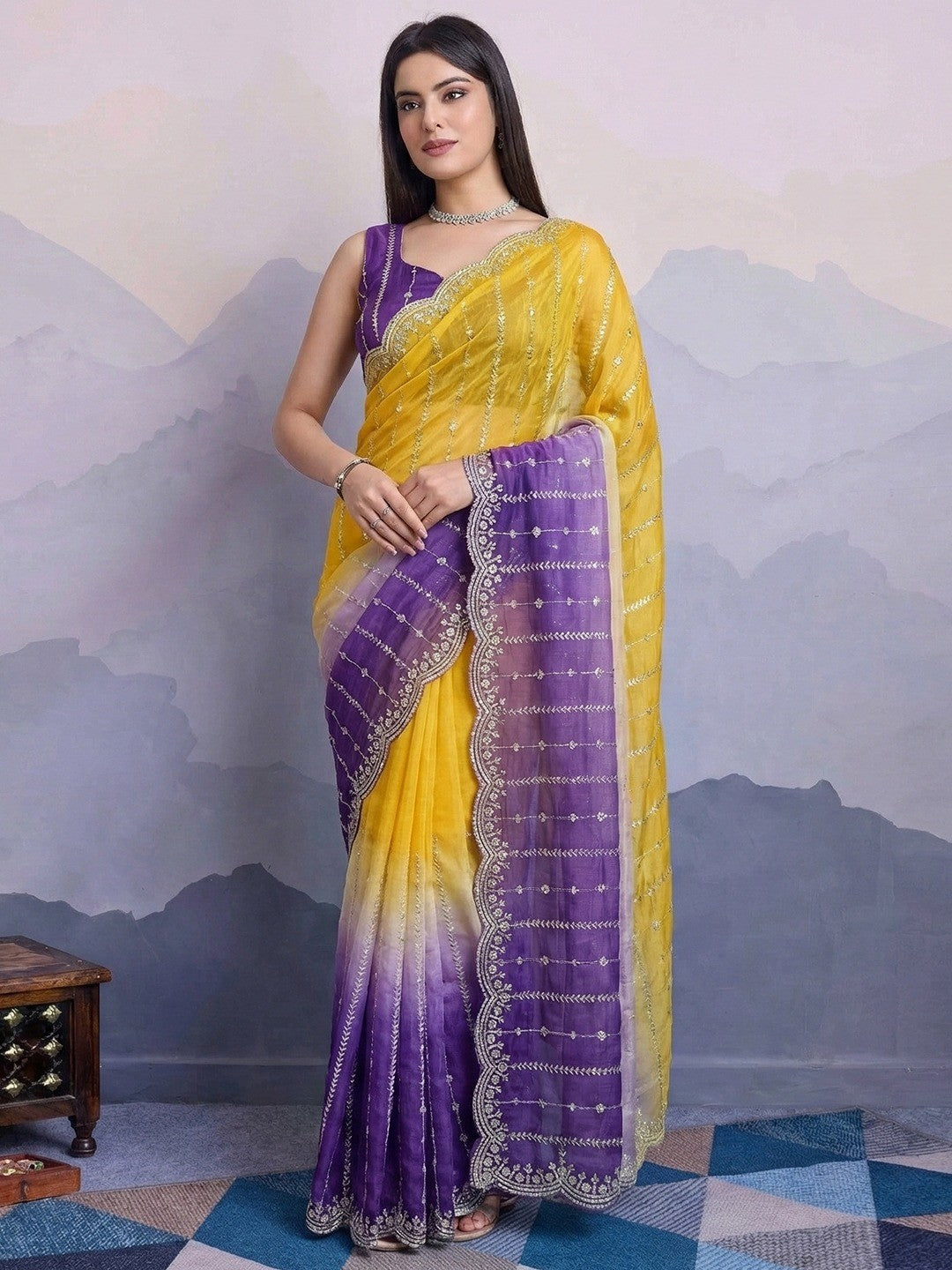 Stunning Yellow & Purple Ombre Organza Satin Silk Saree With Sequins Embroidery & Scalloped Border - Image 1