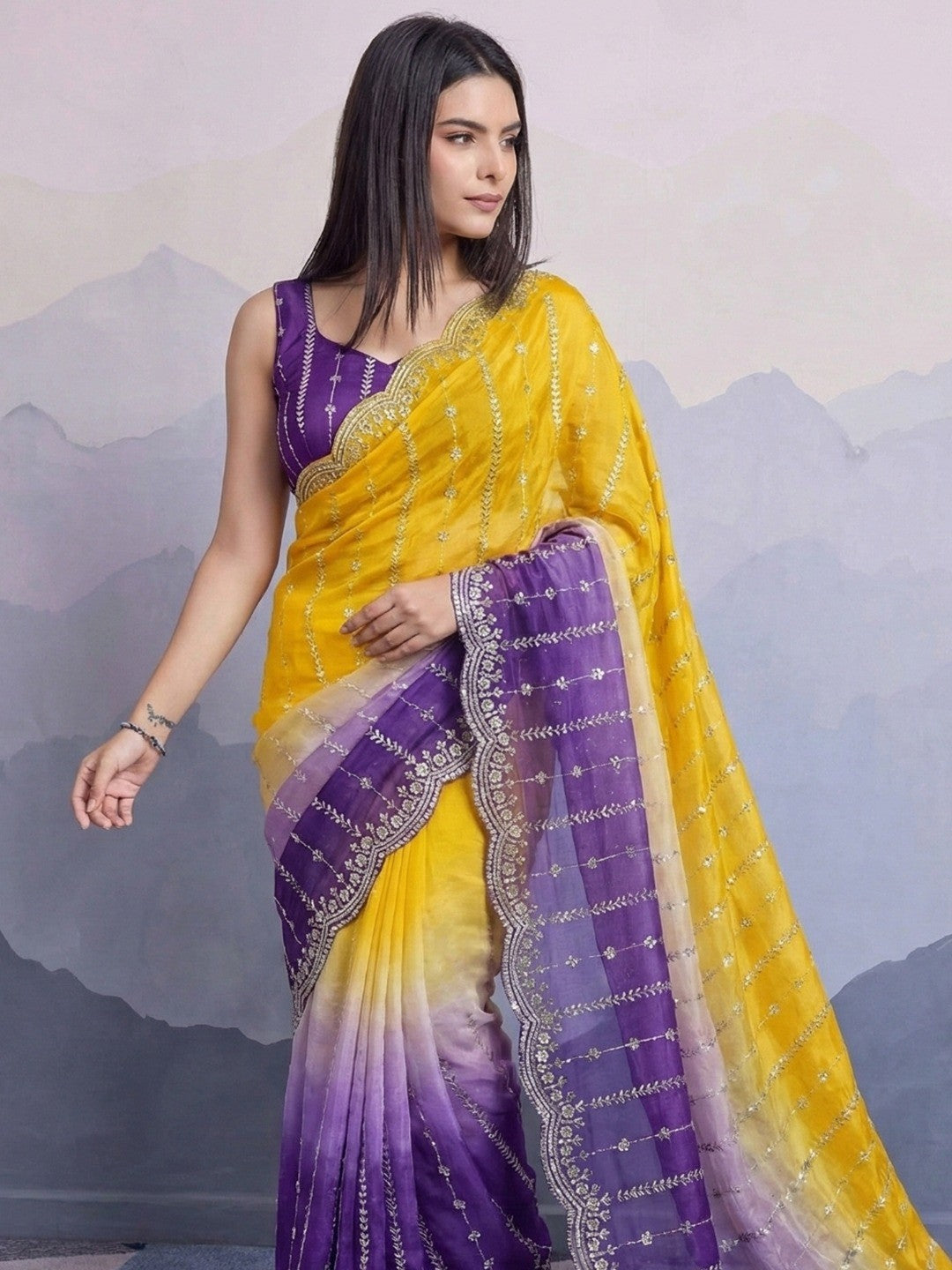 Stunning Yellow & Purple Ombre Organza Satin Silk Saree With Sequins Embroidery & Scalloped Border - Image 2