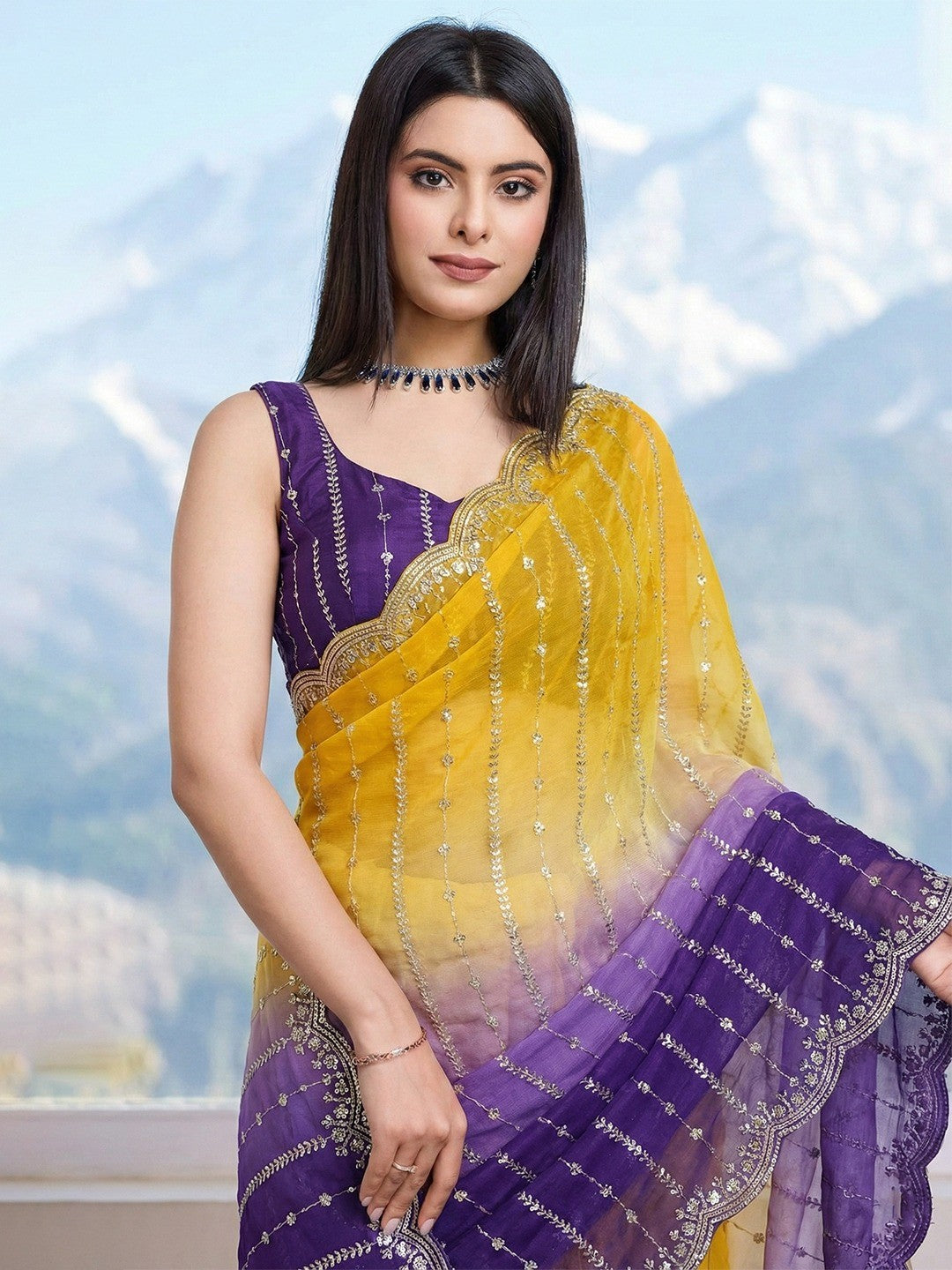 Stunning Yellow & Purple Ombre Organza Satin Silk Saree With Sequins Embroidery & Scalloped Border - Image 4