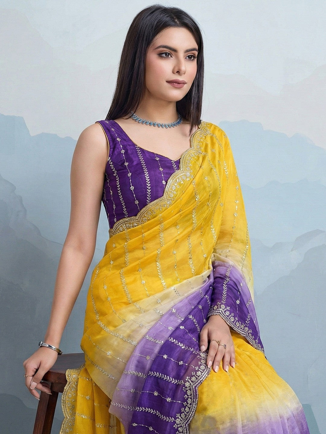 Stunning Yellow & Purple Ombre Organza Satin Silk Saree With Sequins Embroidery & Scalloped Border - Image 5