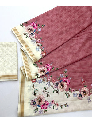 Elegant Dusty Pink Dola Silk Saree with Floral Digital Print and Zari Border - Image 2