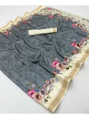 Elegant Grey Dola Silk Saree with Floral Digital Print and Zari Border - Image 2