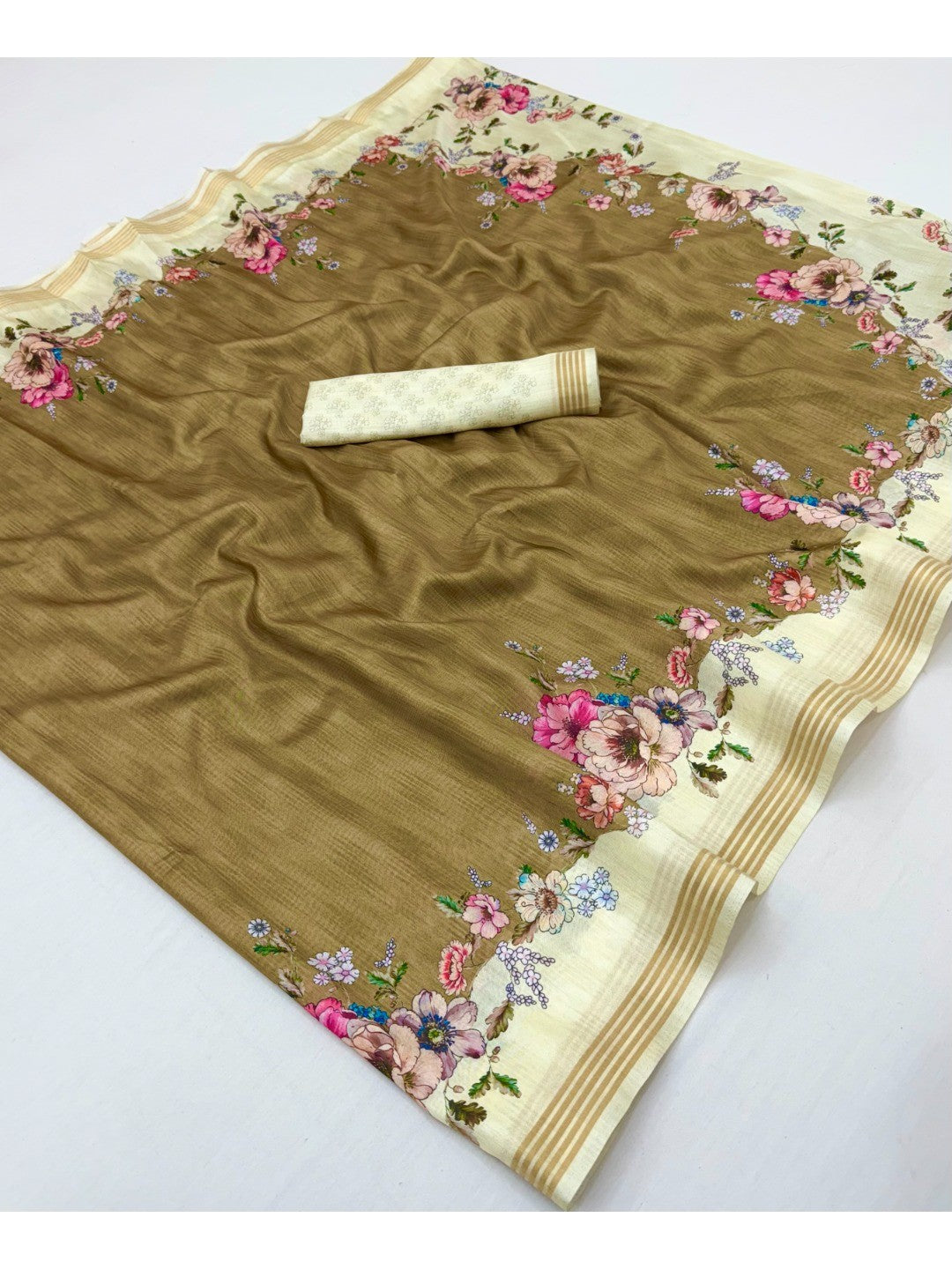 Elegant Olive Dola Silk Saree with Floral Digital Print - Image 3