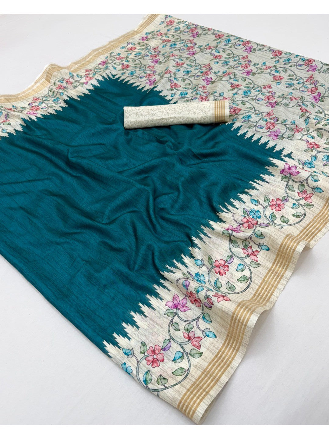 Luxurious Teal Floral Digital Print Dola Silk Saree With Stylish Designer Work - Image 2