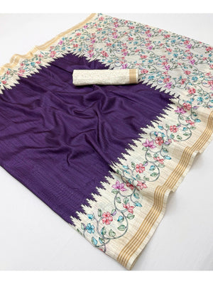 Luxurious Purple Floral Digital Print Dola Silk Saree With Stylish Designer Work - Image 2