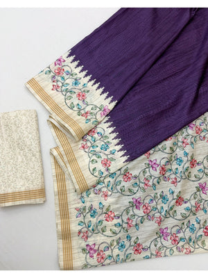 Luxurious Purple Floral Digital Print Dola Silk Saree With Stylish Designer Work - Image 2