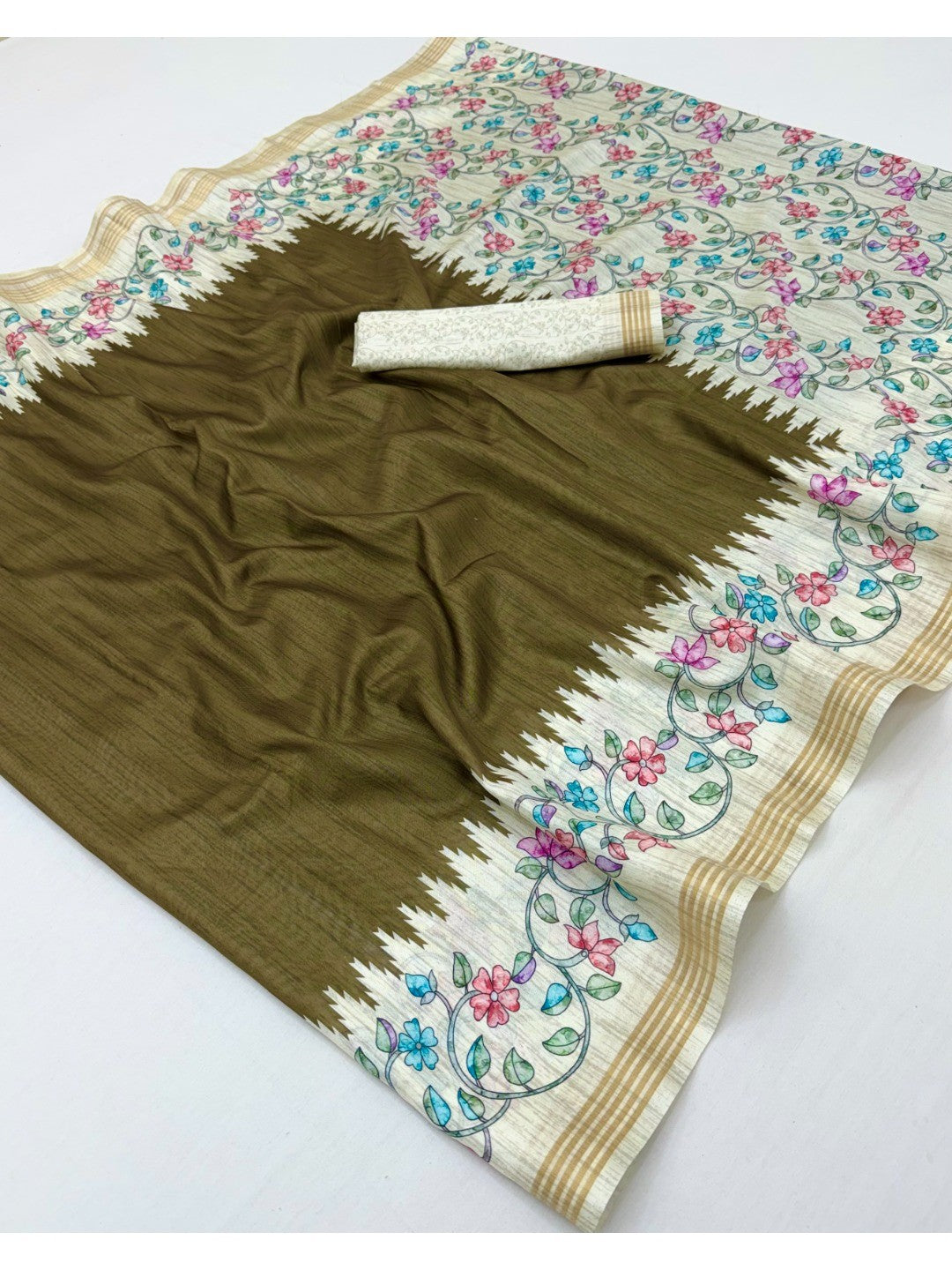 Luxurious Mehendi Green Floral Digital Print Dola Silk Saree With Stylish Designer Work - Image 2