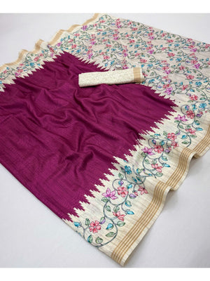 Luxurious Wine Floral Digital Print Dola Silk Saree With Stylish Designer Work - Image 2