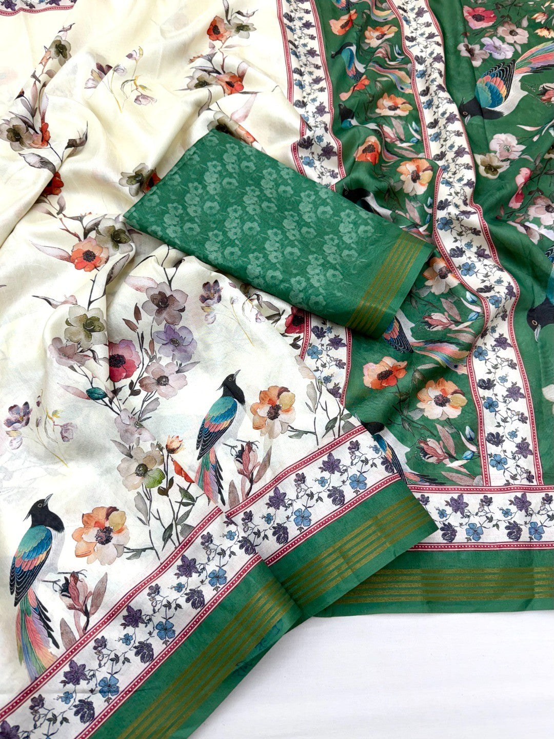 Offwhite & Green Dola Silk Saree with Floral Digital Print and Zari Work - Image 3